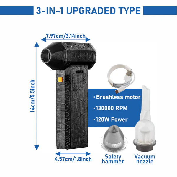X-ForceBlæser™ TurboJet 3-i-1 mini-blæser og -støvsuger - 130.000 omdrejninger pr. minut, USB-C genopladelig