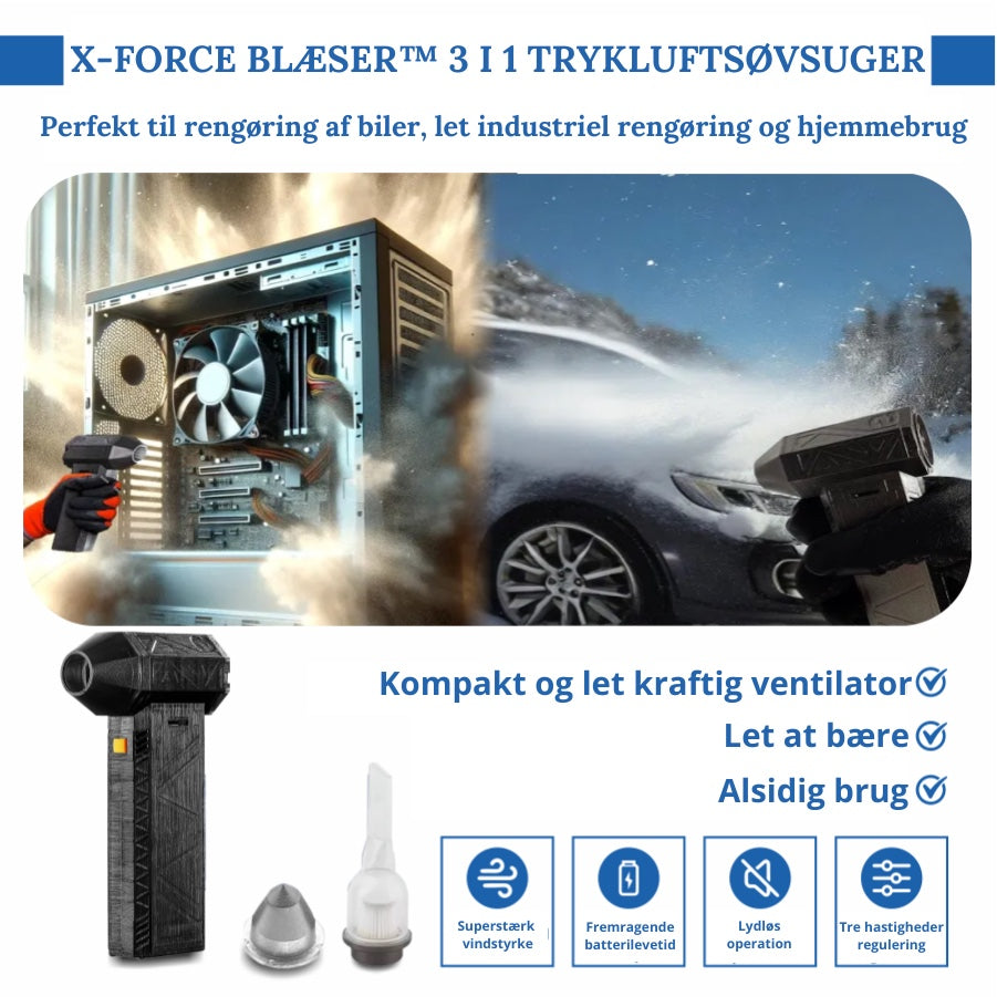 X-ForceBlæser™ TurboJet 3-i-1 mini-blæser og -støvsuger - 130.000 omdrejninger pr. minut, USB-C genopladelig